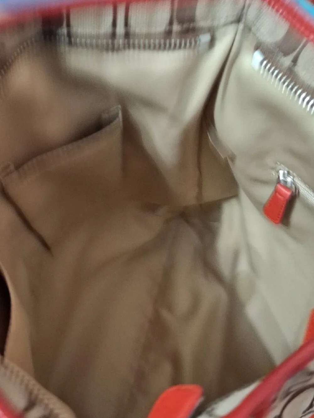 Coach Park Signature Canvas Shoulder Bag in Tan with Red Trim F30341